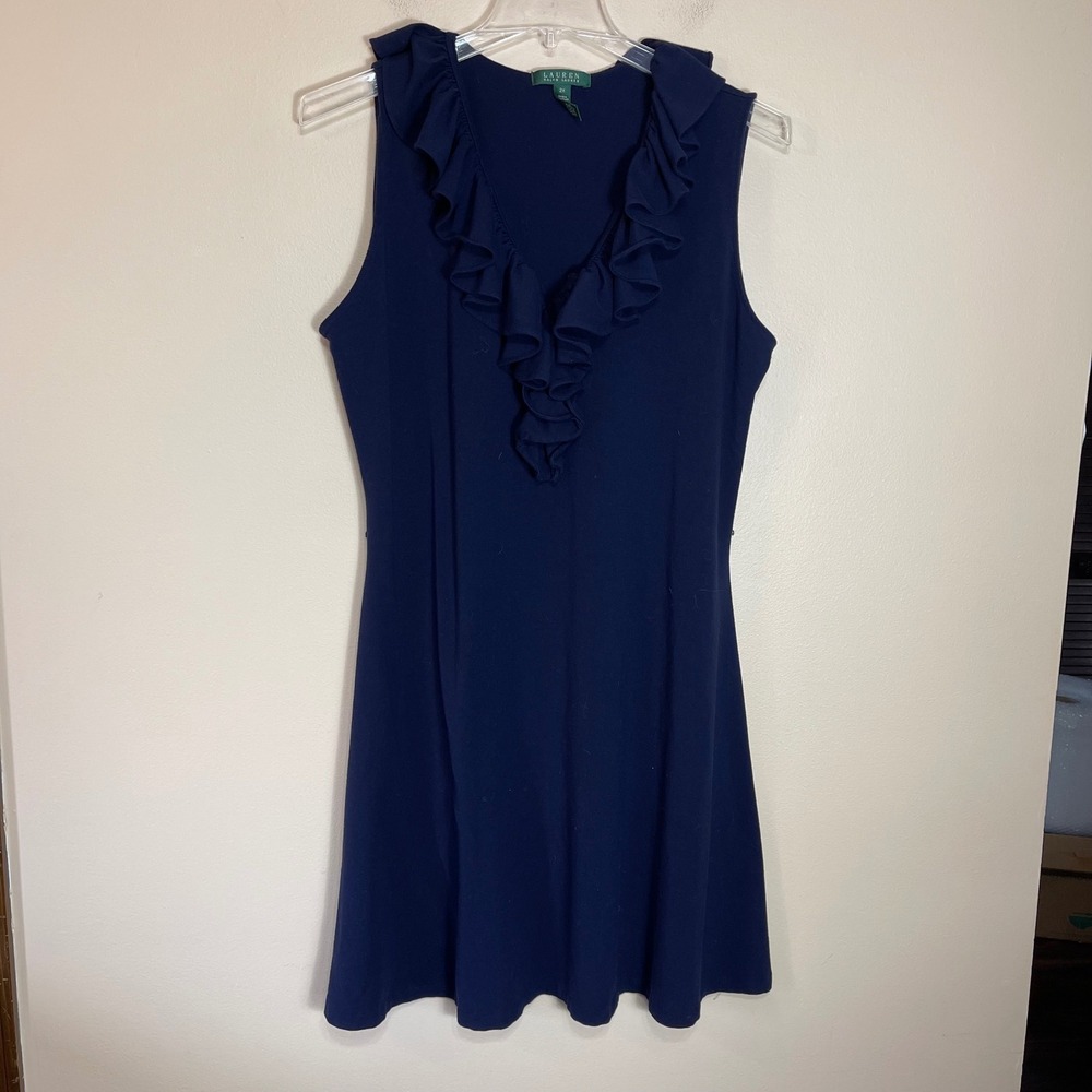 Lauren Ralph Lauren Navy Blue Ruffle V-Neck Sleeveless A-Line Dress 2X Plus